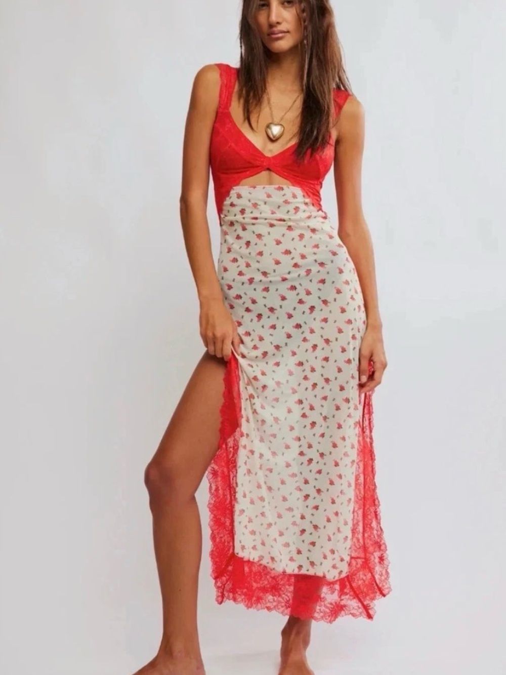 Free People Suddenly Fine Maxi Slip Dress Women's XS Multi Floral Sheer RED